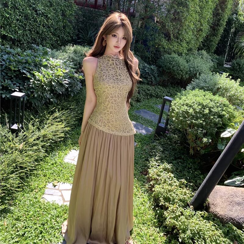 【dress】サテンドッキングノースリーブロングワンピース Q8045