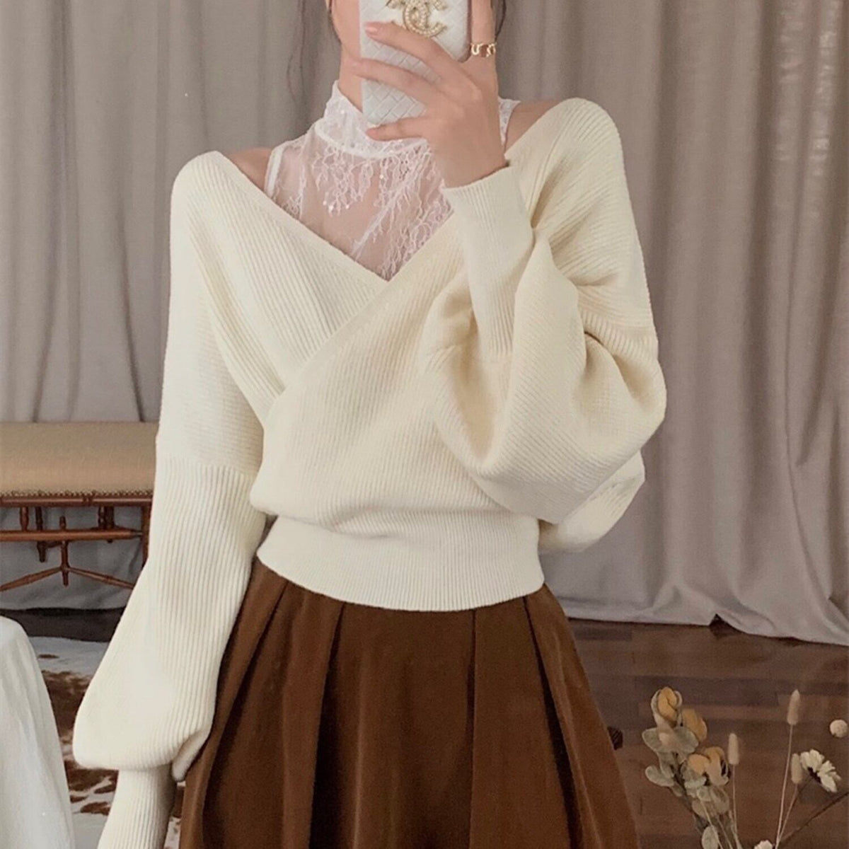 【tops】レースドッキングニットトップス     N2127