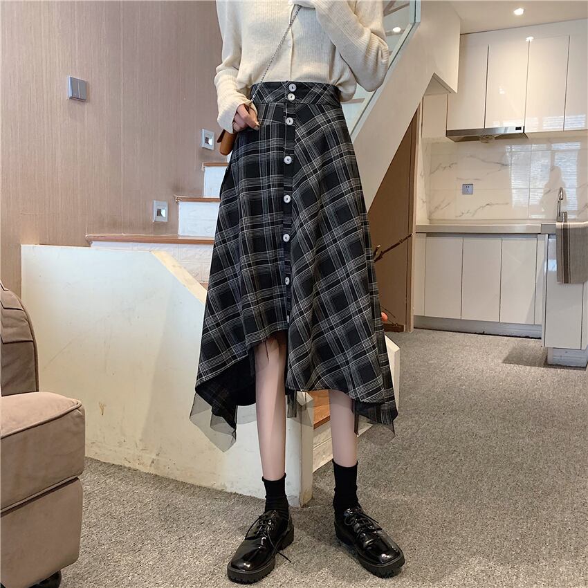 【bottoms】スウィート気質満点デザイン不規則チェック柄ハイウエストスカート