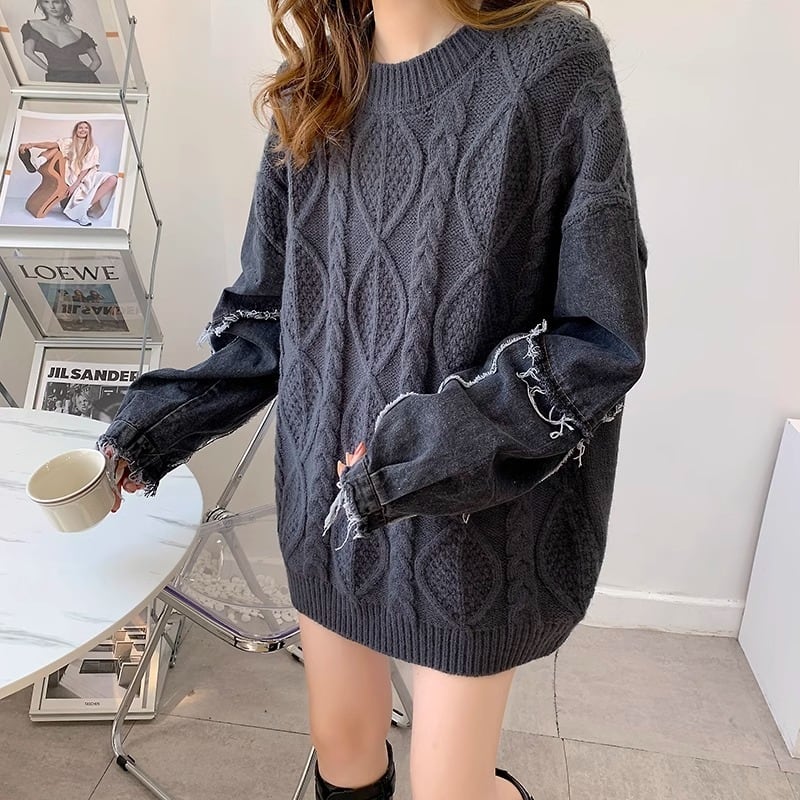 【tops】デニム切り替えニットセーター　M26797