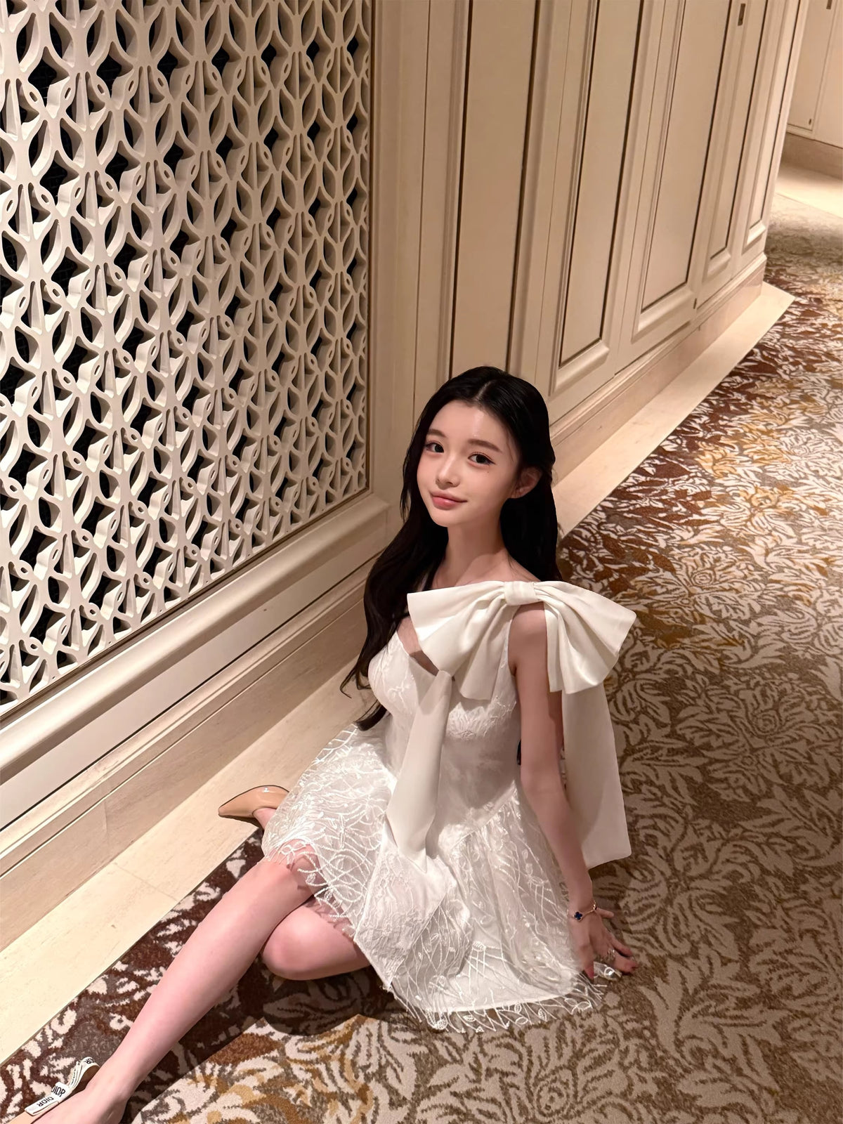 【dress】リボン付きレースキャミワンピース Q8385