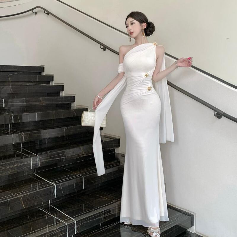 【dress】ワンショルダーギャザーデザインロングワンピース Q7977