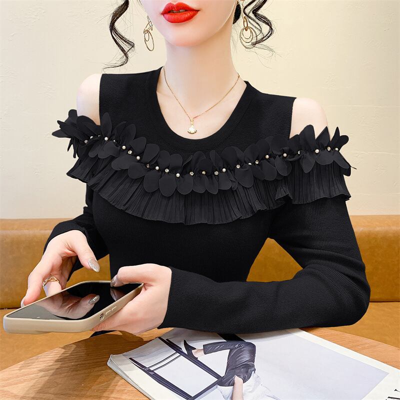 【tops】フリルオフショルダーニットトップス　M27519