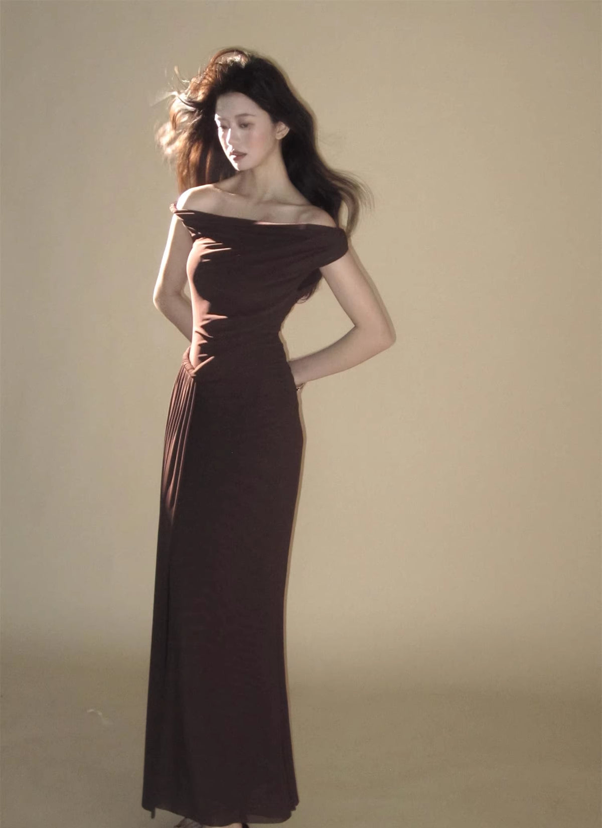 【dress】オフショルダーチュールロングワンピース Q8378