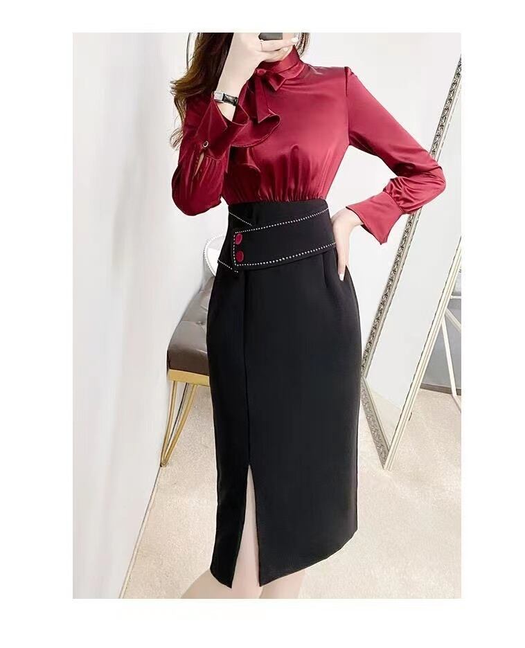 【dress】女性力を高める〜スリット長袖体型カバー配色切り替えおしゃれ春タイトワンピースF1602