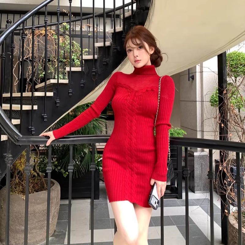 【dress】ハイネックニットワンピース Q7813
