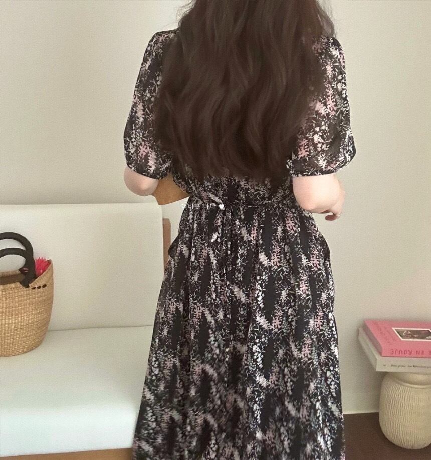 【dress】Vネック花柄パフスリーブワンピース G20746