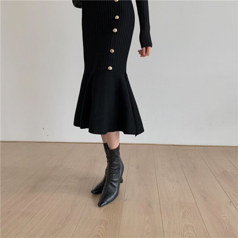 【dress】一目惚れ！ラウンドネック長袖体型カバーファッション無地ニットマーメイドワンピースF0887