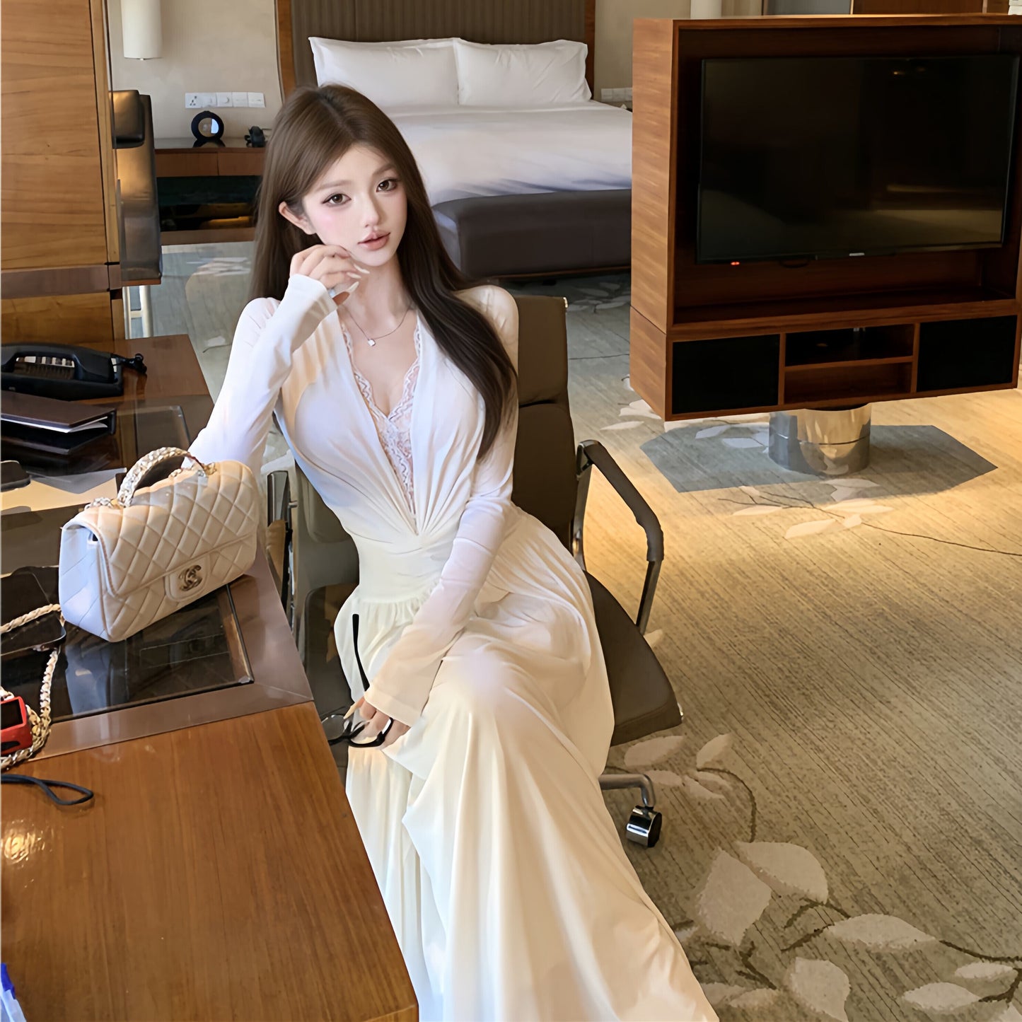 【dress】レースドッキングロングワンピース　N3432