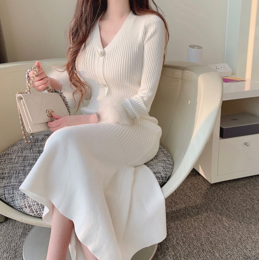 【dress】袖ファー マーメイドニットワンピース　M26156
