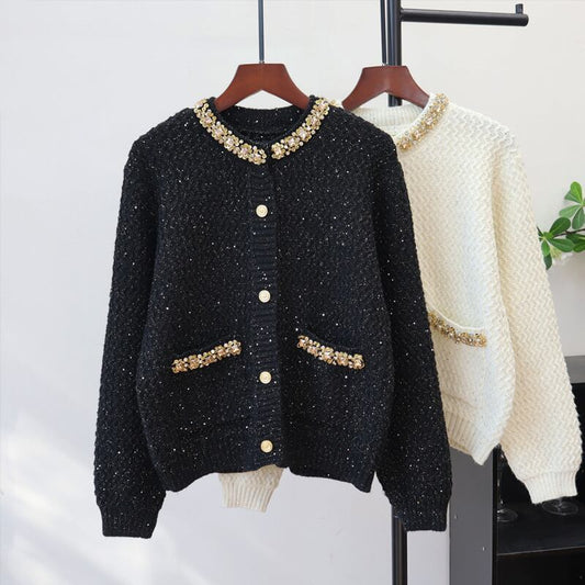 【outer】ラメ入りラインストーン付きニットカーディガン Q7326