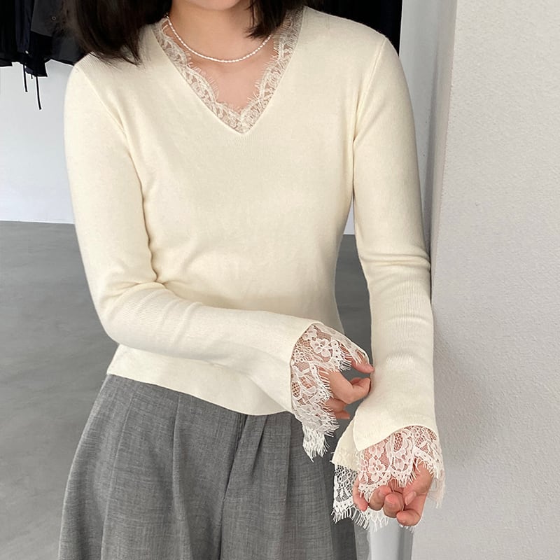 【tops】レースドッキングニットトップス Q7236