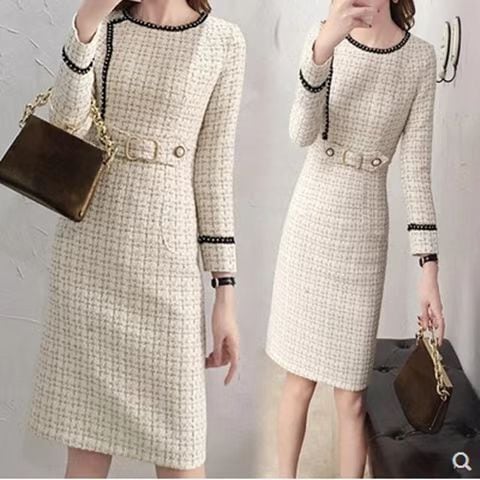 【dress】細身効果抜群♪ラウンドネック長袖韓国ファッションチェック柄OL通勤ボディラインワンピースF1540