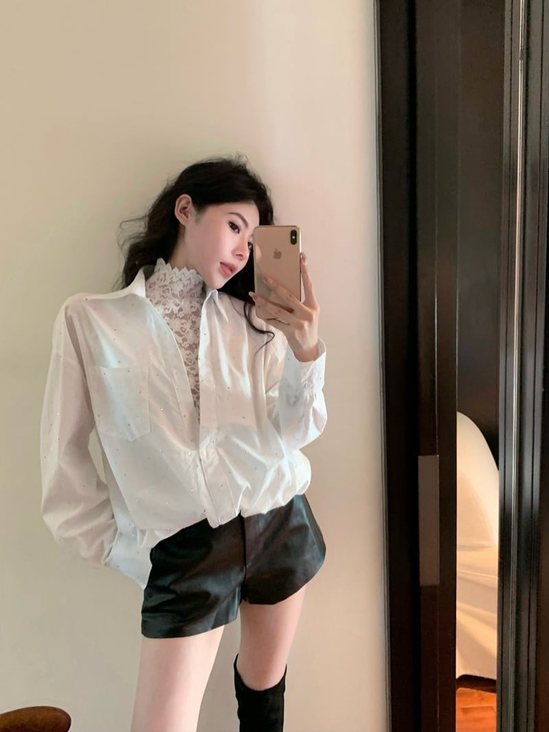 【tops】レース切り替えシャツトップス　M28779