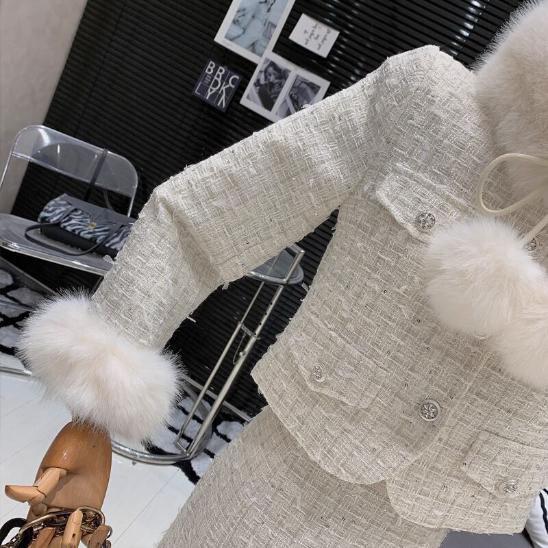 【set】ファー付きツイードジャケット×ロングスカートセット Q7463