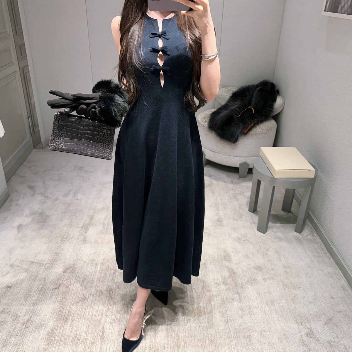 【dress】リボンノースリーブニットワンピース N3516