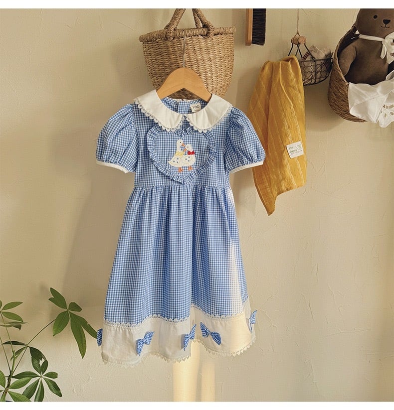 【kids】ブルー・ギンガムチェックレースワンピース K0549