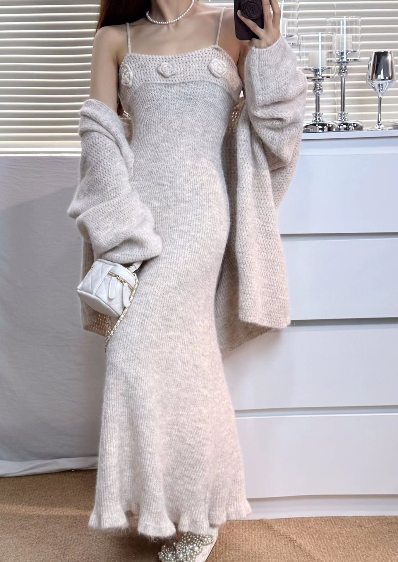 【set】キャミニットワンピース×カーディガンセット Q6953