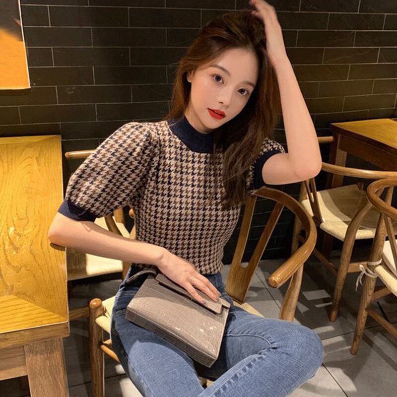 【tops】韓国ファッション〜ラウンドネックパフスリーブ着回しレトロニットF0099