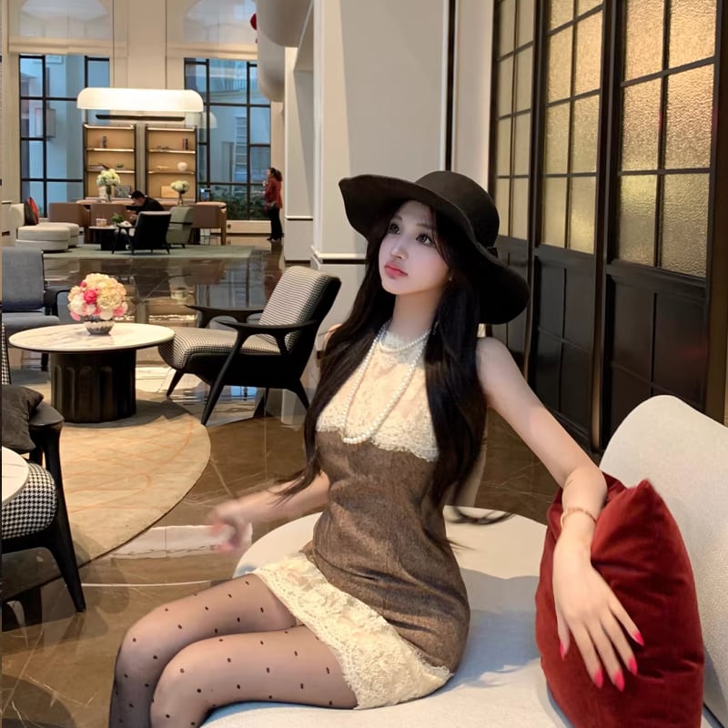 【dress】ノースリーブレースドッキングワンピース Q8023