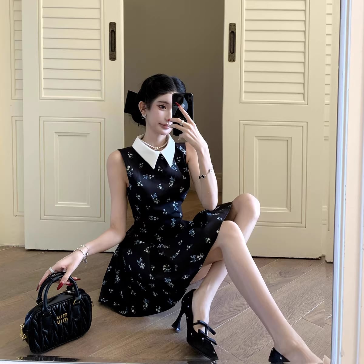 【dress】ノースリーブ花柄フレアミニワンピース Q8413
