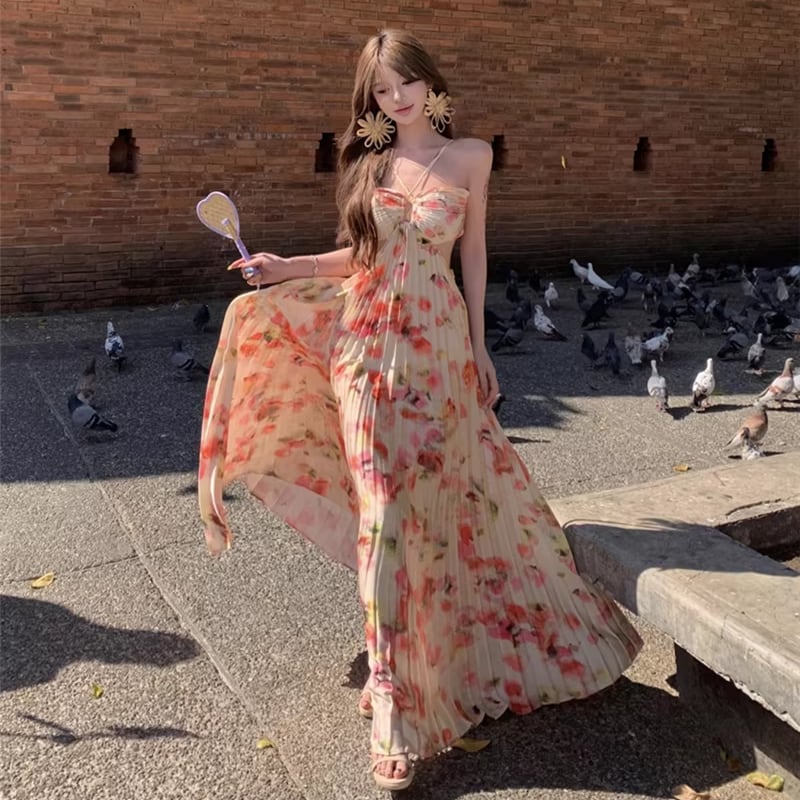 【dress】ホルターネックバックオーポンロングプリーツワンピース Q8371
