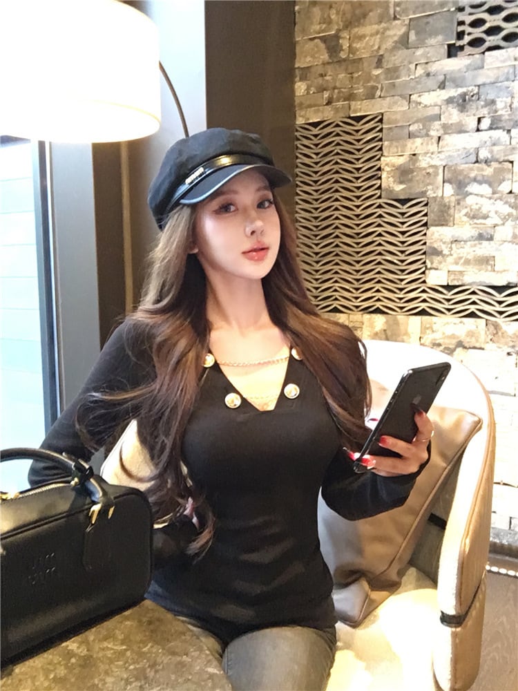 【tops】Vネック長袖Tシャツ　M28586