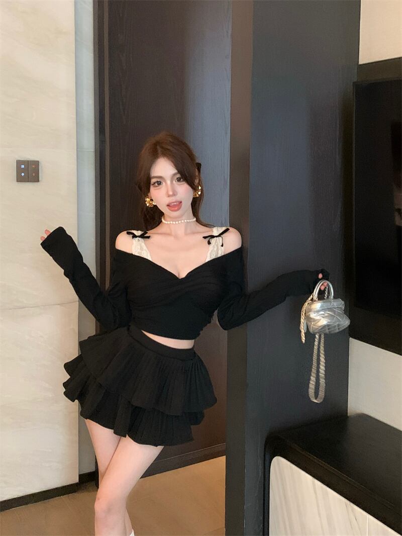 【tops】Vネックレース切り替えトップス　M27645