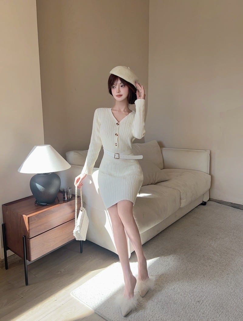 【dress】Vネックニットワンピース　M28378