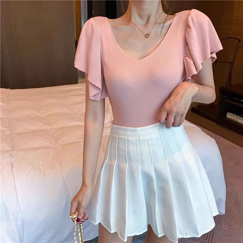 【tops】4色フレアスリーブニットＴシャツF7516