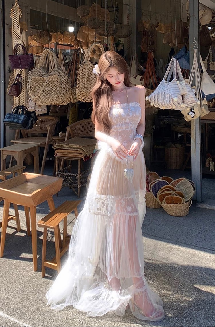 【dress】ホルターネックシアーチュールティアードワンピース Q8484