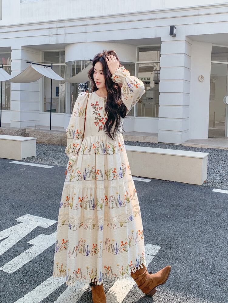 【dress】フリンジ付き花柄ロングワンピース Q8225