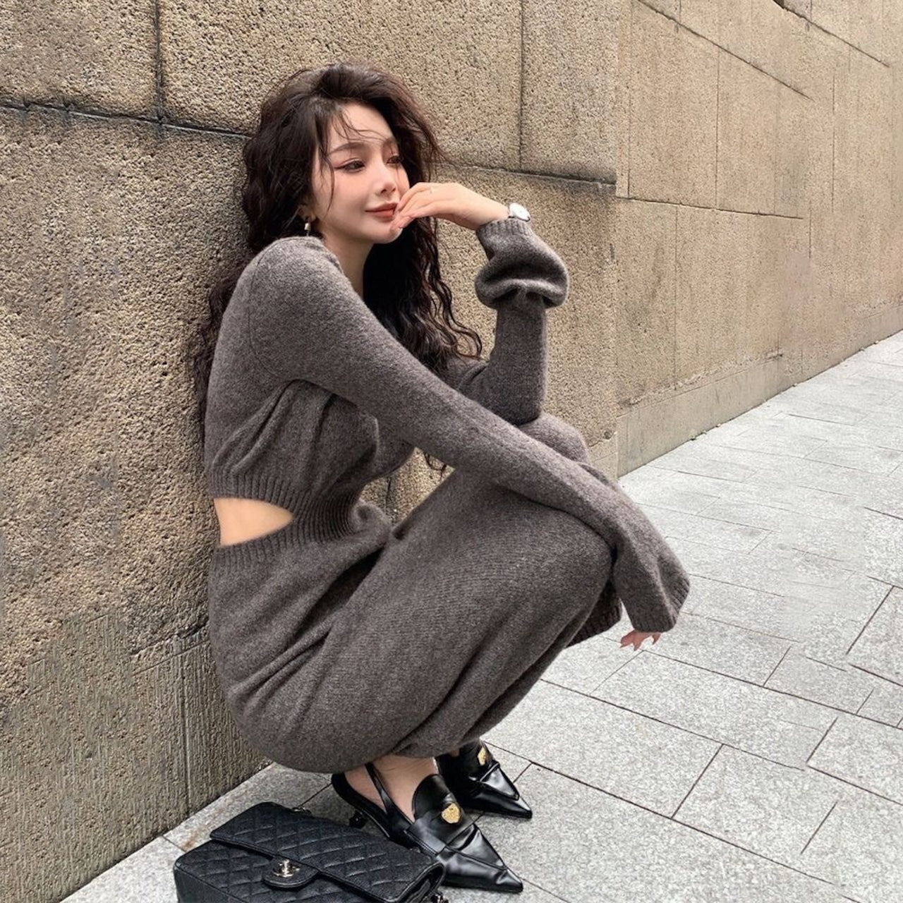 【dress】ウエストカットニットワンピースF8470