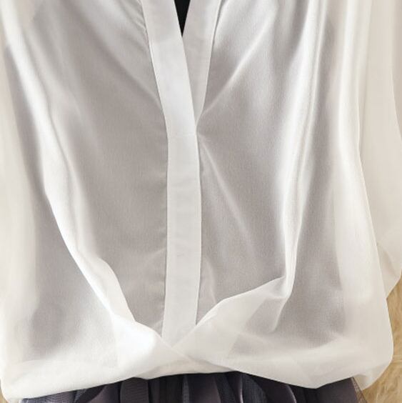 【set】今季大好評おしゃれ3点セット無地ブラウス+キャミソール＋切り替えメッシュスカートF0050