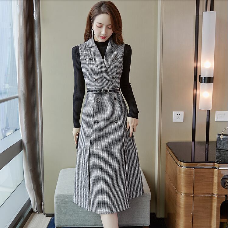 【set】好感度UP!気質満点レトロ高品質秋冬新作トップス+ベストワンピース２点セット G4723