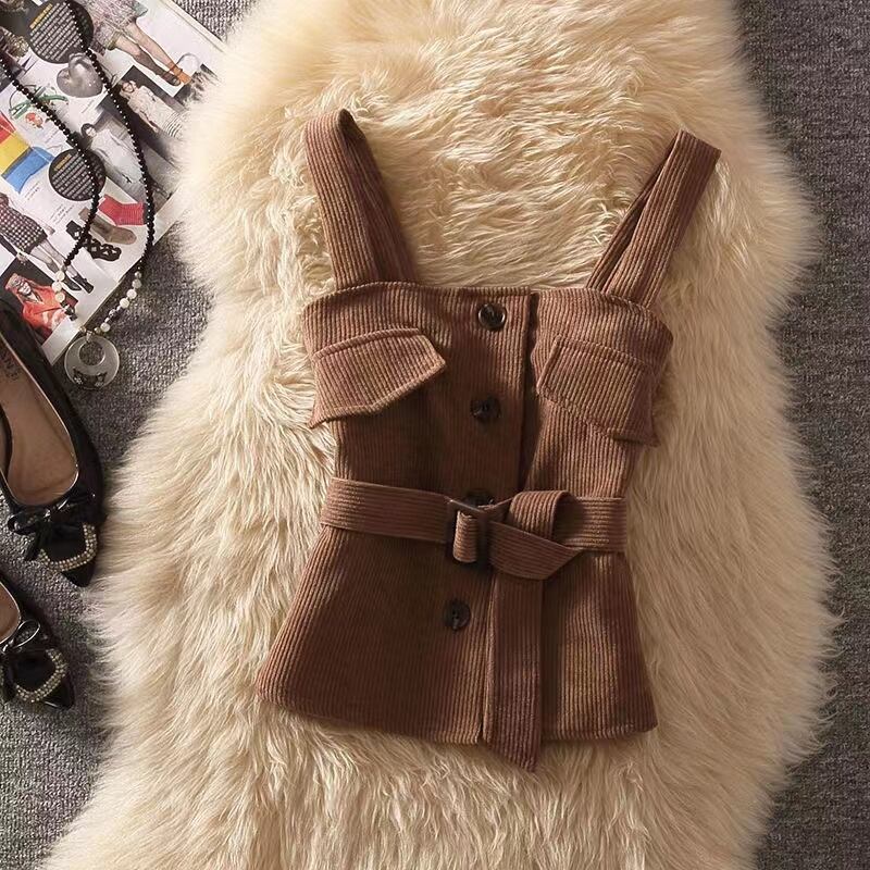 【set】3点セットウェスト絞りベスト+無地セーター+体型カバースカート通勤日常秋冬新作セットアップF1292