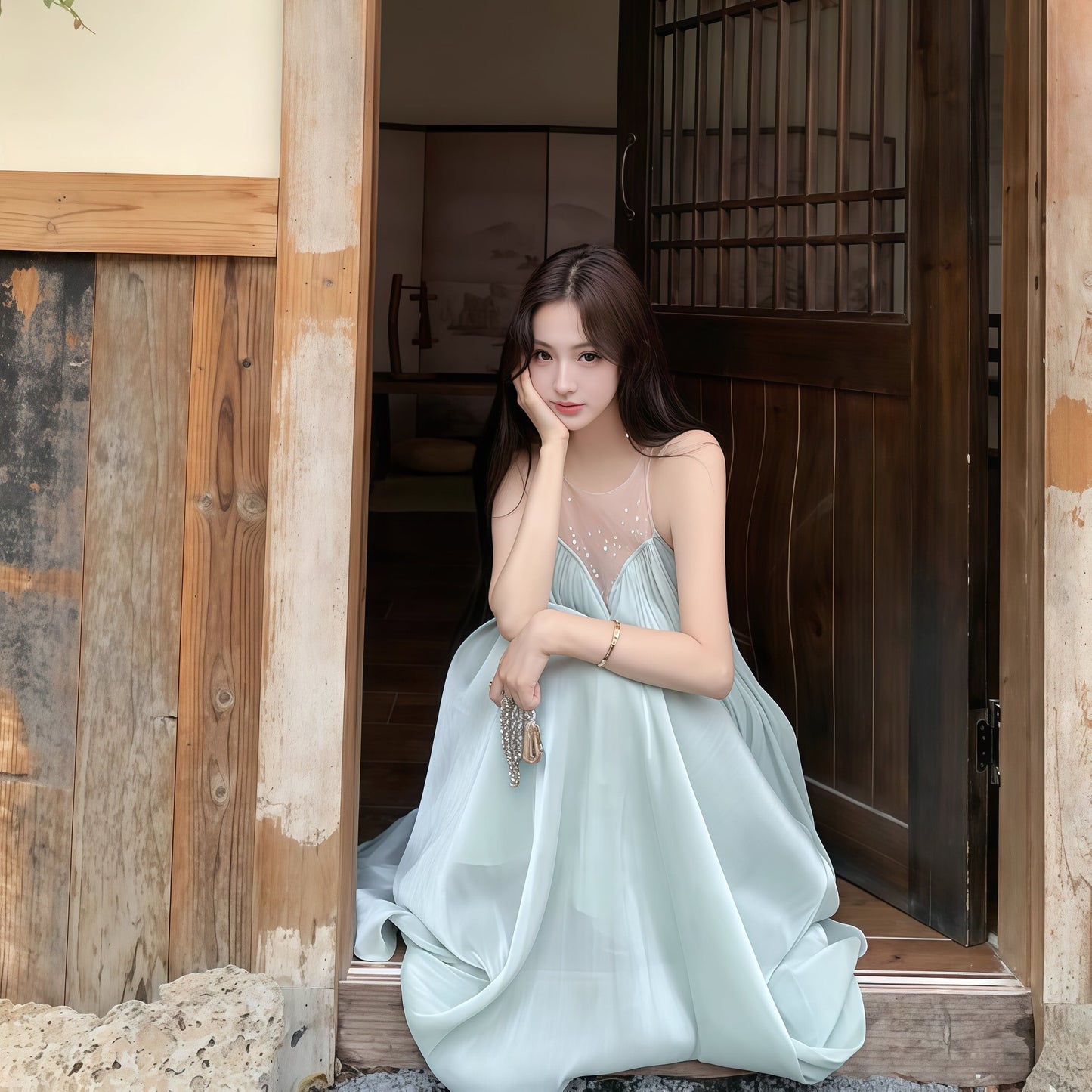 【dress】ラインストーン付きチュールドッキングロングワンピース Q8377