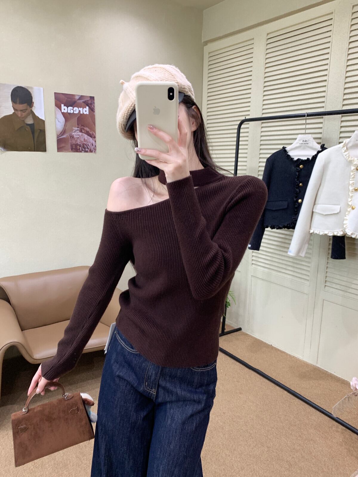 【tops】ワンショルハイネックニットトップス　N2931