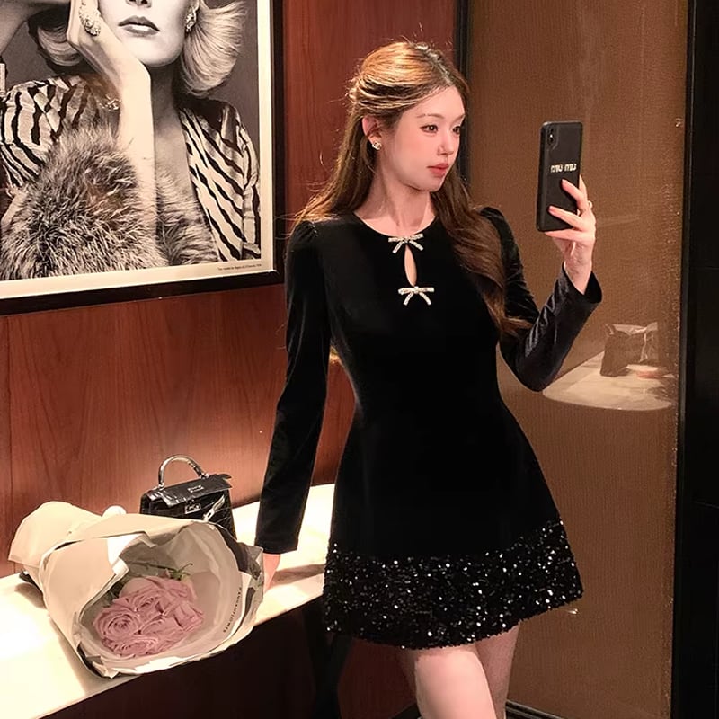 【dress】スパンコール付きミニワンピース Q7889