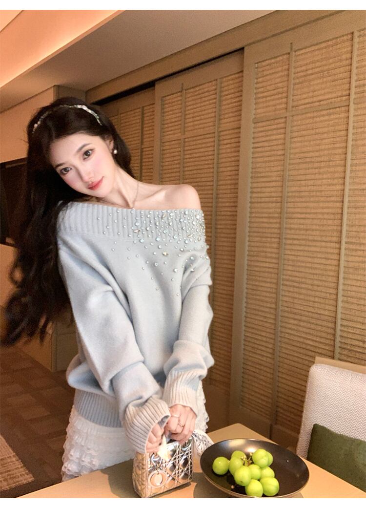 【tops】オフショルビジューニットトップス N3425