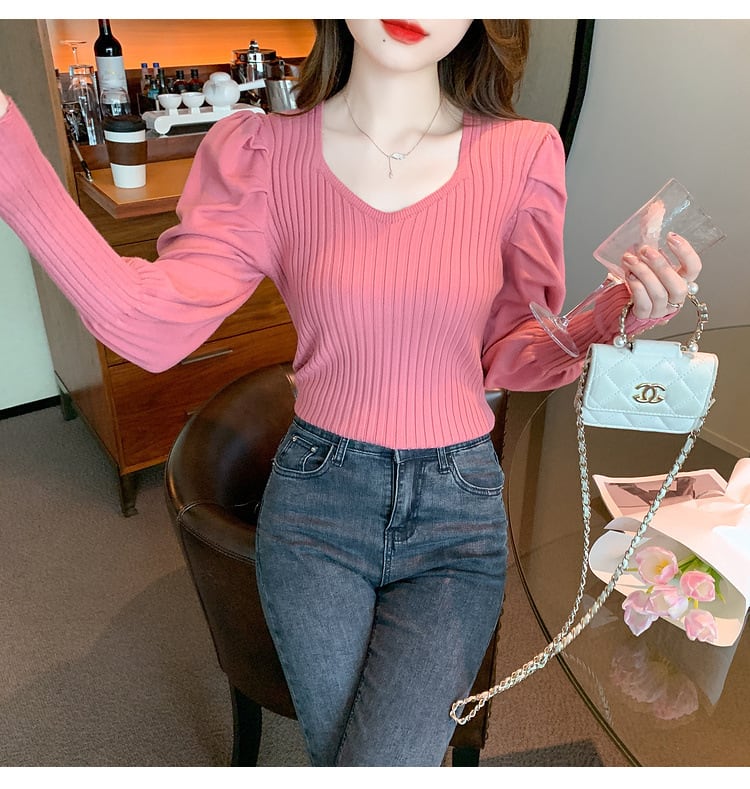 【tops】無地ニットトップス　M26208