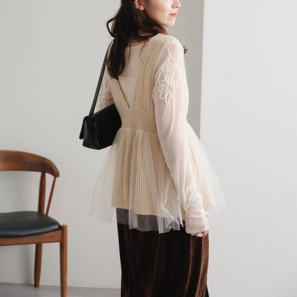 【tops】Vネックチュールコンビニットベスト　M28580