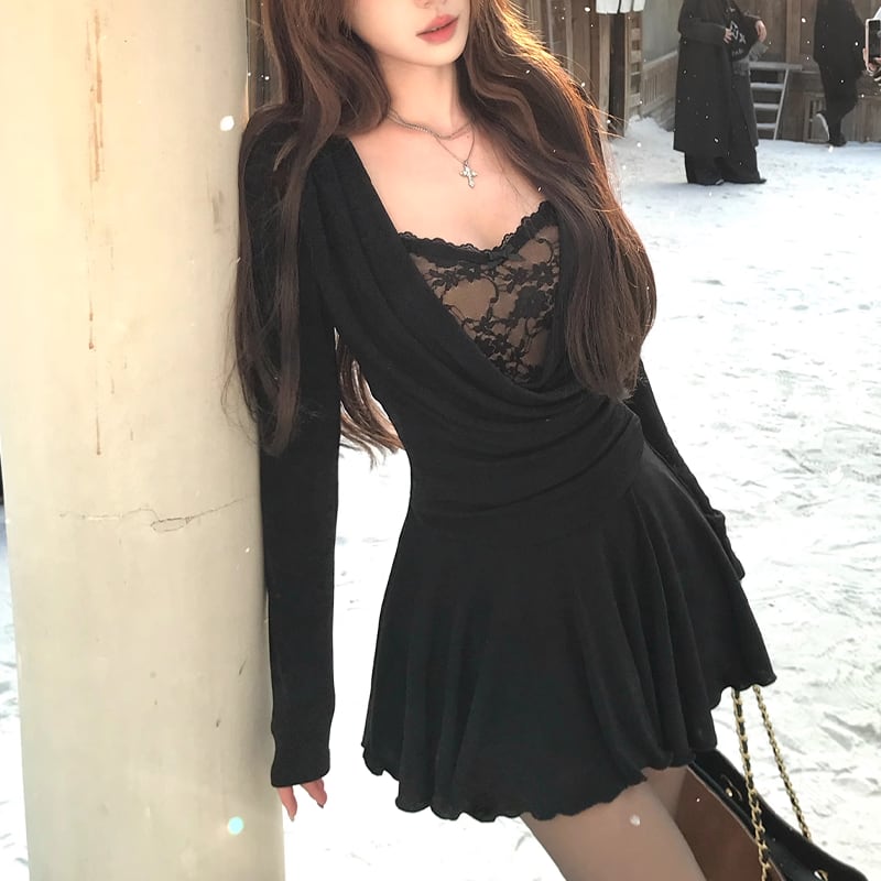 【dress】レースドッキングフレアワンピース Q7616
