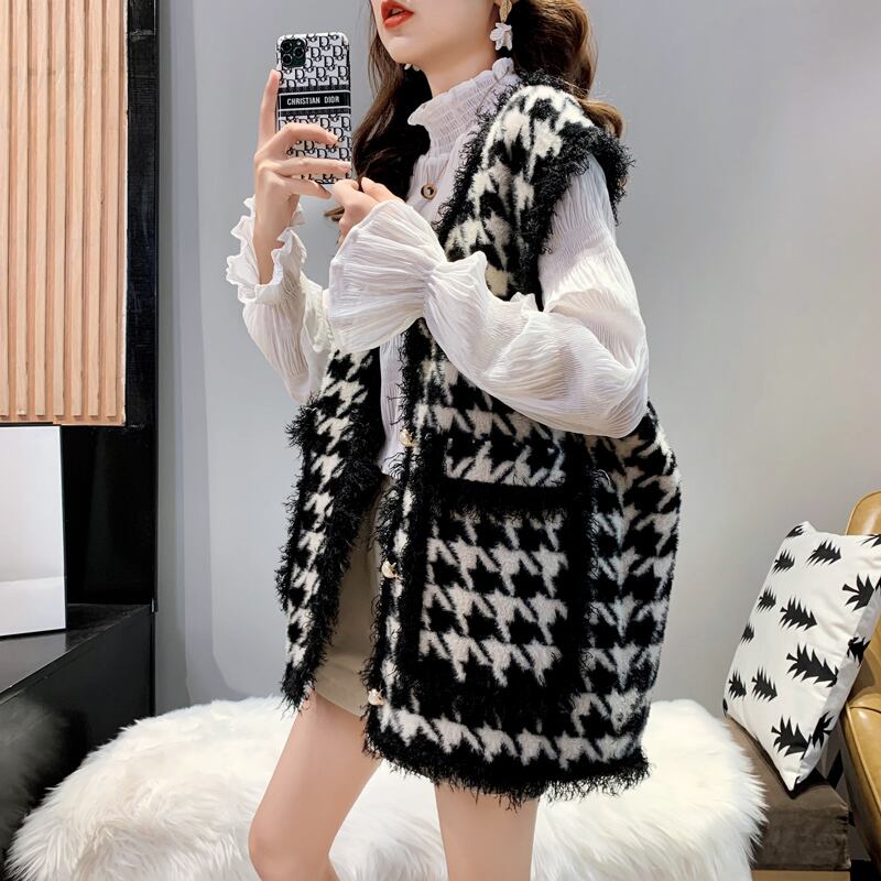 【tops】気質溢れる♪秋冬の新作千鳥格子ノースリーブINS風韓国着回しニットチョッキF0685