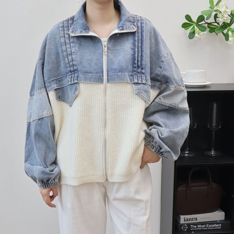 【outer】ニットドッキングデニムジャケット Q6497