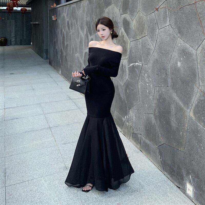 【dress】チュールコンビボートネックマーメイドワンピース　M29764