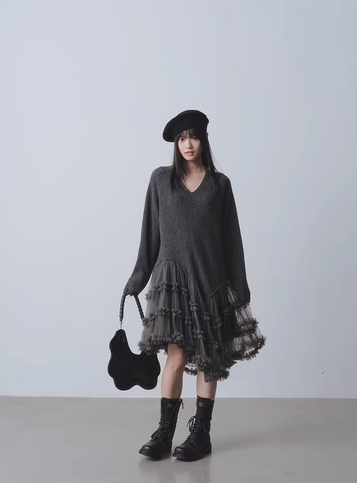 【dress】チュールドッキングウールワンピース Q7963