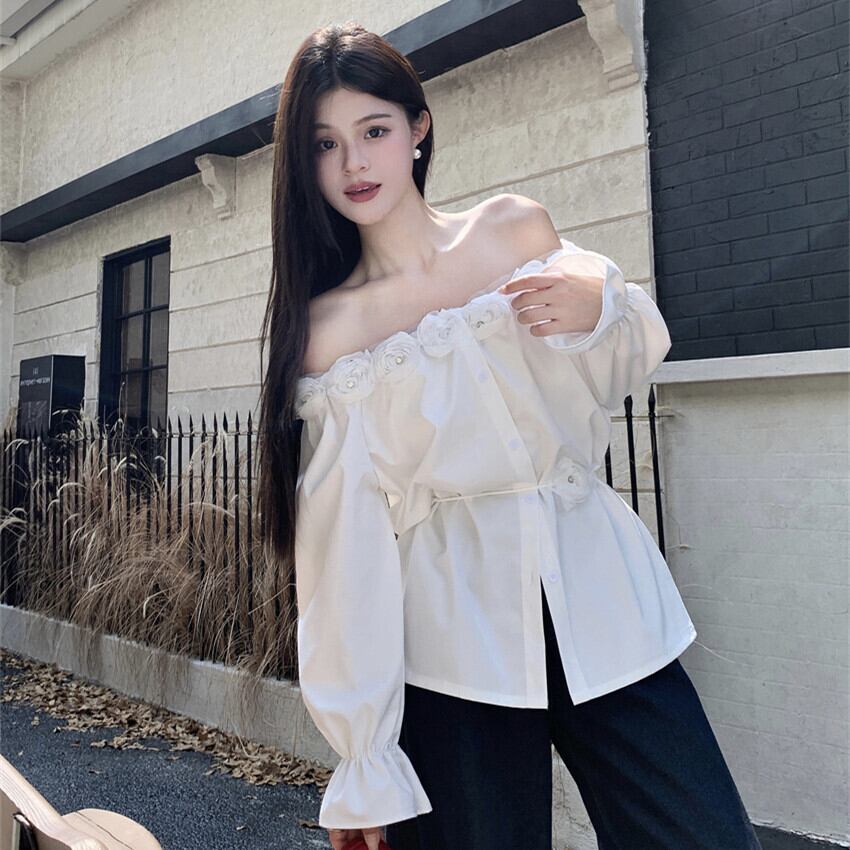 【tops】ボートネック立体フラワーシャツトップス　M29555
