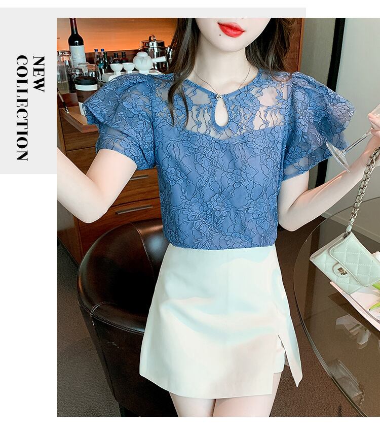 【tops】透かし彫りレースブラウスG21385