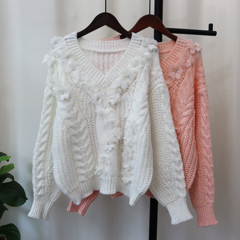 【tops】Vネック立体フラワーニットセーター　M27514